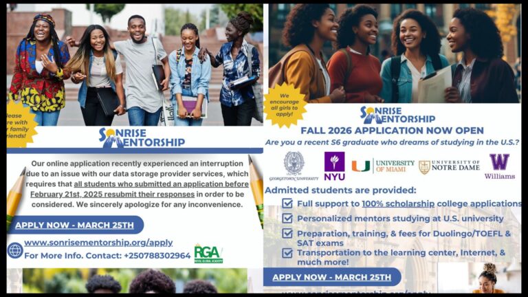 Ufite indoto zo kwiga muri kaminuza yo muri Amerika? Murakaza neza kuri Gahunda ya Sonrise Mentorship!!